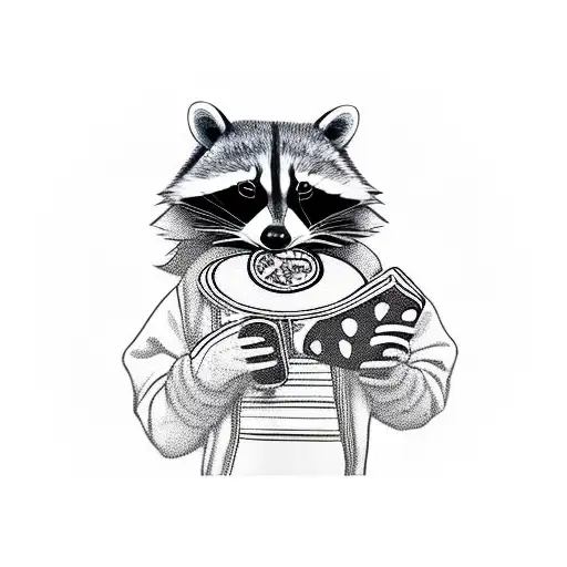 raccoon wearing 80s style clothes eating pizza tattoo design idea