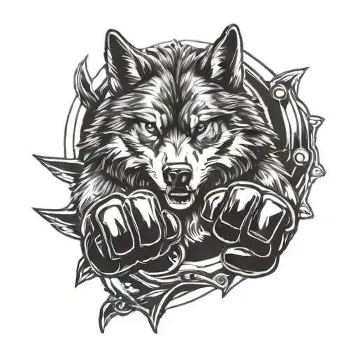 A fierce wolf in a fighting stance, surrounded by MMA gloves and gym equipment tattoo design idea