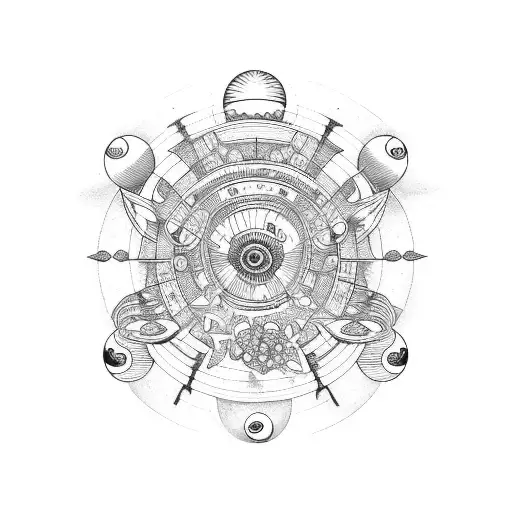 coffin with planets and spirals inside tattoo design idea