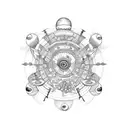 coffin with planets and spirals inside tattoo design idea