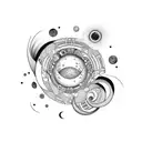 coffin with planets and spirals inside tattoo design idea