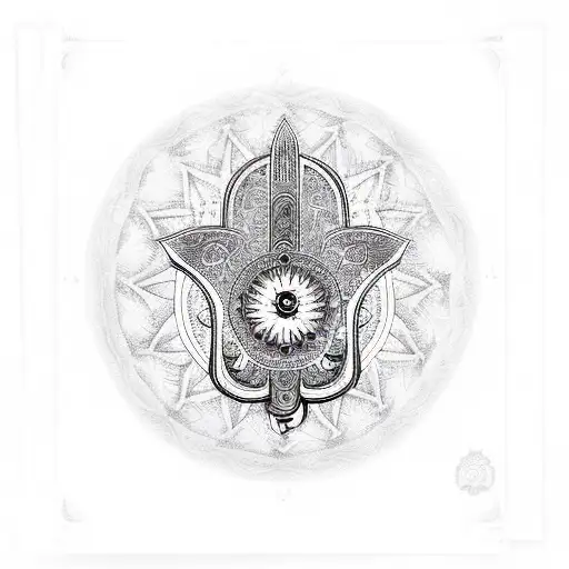 Left half of back, incorporating the hamsa hand, the yin and yang symbol. also a latino inspired cartel guy on a harley tattoo design idea