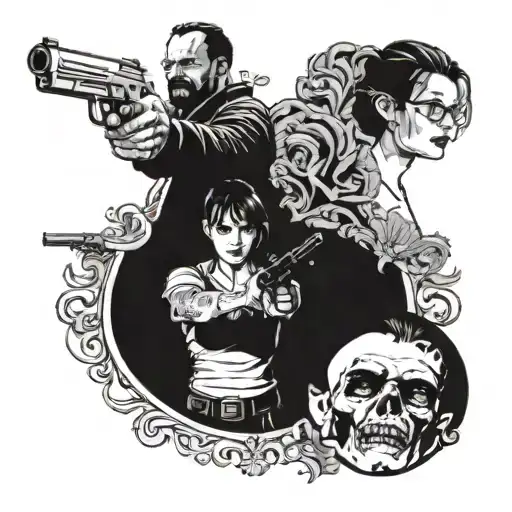 a team of authors where a woman holds out a gun and her husband addresses her formally tattoo design idea