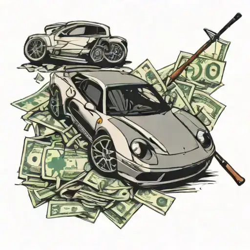 A pile of money with a golf club and a Ferrari F1 car tattoo design idea