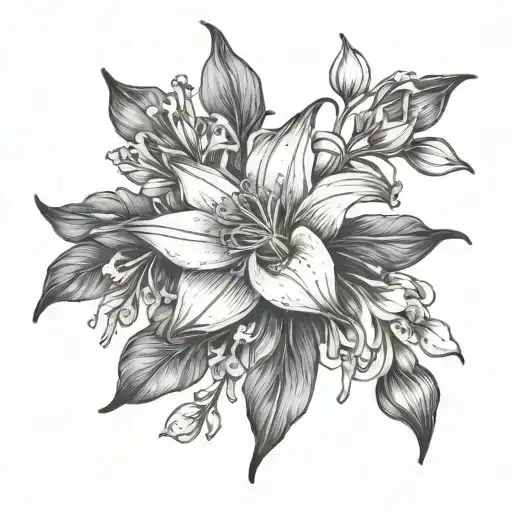 tattoo, sleeve, blacked out from top of shoulder to elbow, transitions into blacked out columbine flowers  tattoo design idea