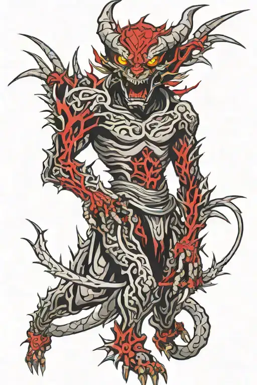 tall metallic 4 armed humanoid adorned in razor-sharp blades and thorns, glowing red eyes, standing ominously tattoo design idea