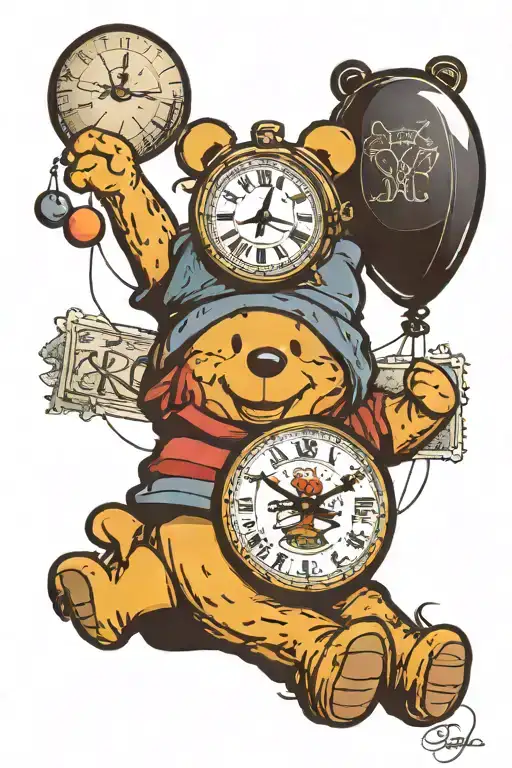Winnie the pooh with a balloon and two clocks with different times on and two signs post with the names Tiara and Kenan tattoo design idea