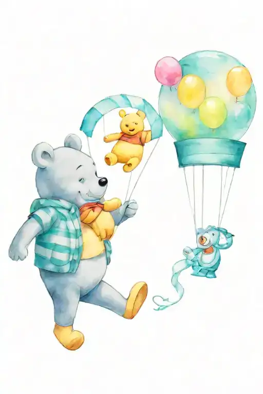 Winnie the pooh floating with balloon two clocks and sign post with the names Tiara and Kenan tattoo design idea