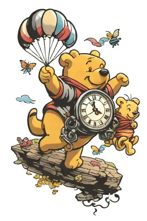 Winnie the pooh floating with balloon two clocks hanging tattoo design idea