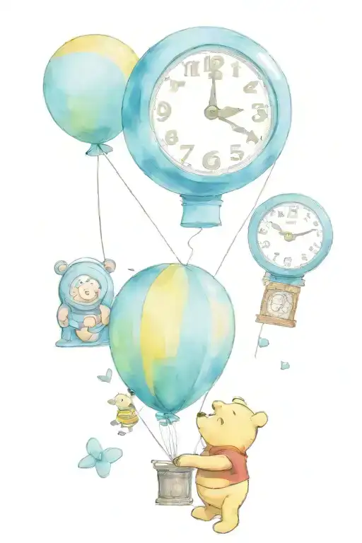 Winnie the pooh with a balloon and two clocks with different times on and two direction signs in a fine line   tattoo design idea