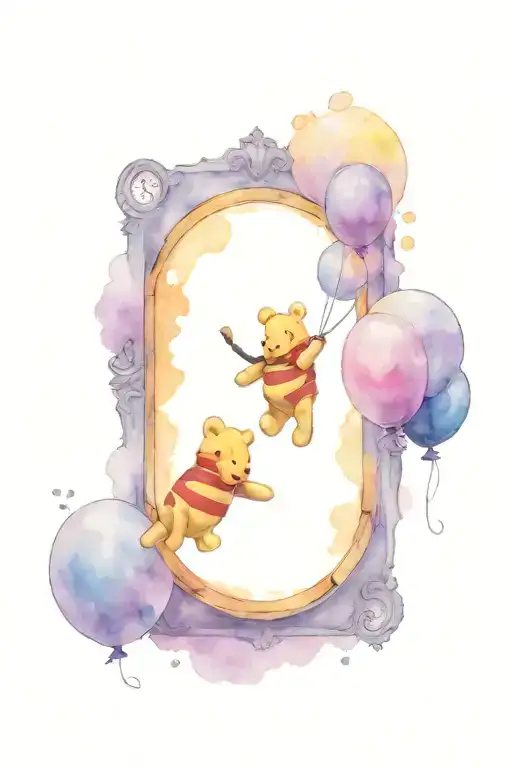 Winnie the pooh floating with balloon two clocks hanging tattoo design idea