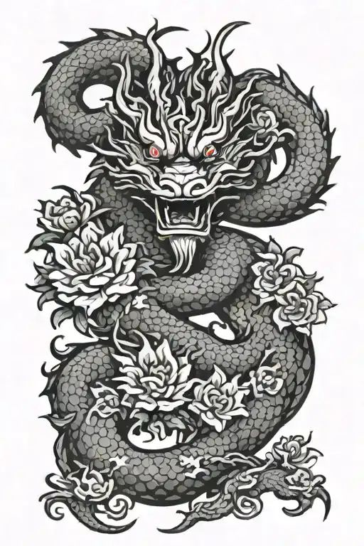Korean dragon with flowers symbolizing tattoo design idea