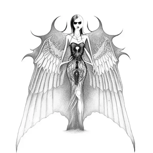 A surreal black and grey tattoo depicting a gothic vampire woman with wings emerging from a hauntingly beautiful forest tattoo design idea