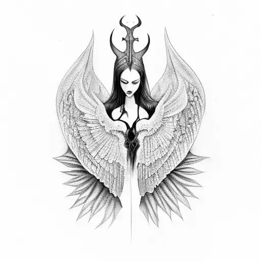 A surreal black and grey tattoo depicting a gothic vampire woman with wings emerging from a hauntingly beautiful forest tattoo design idea