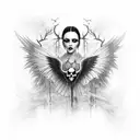 A surreal black and grey tattoo depicting a gothic vampire woman with wings emerging from a hauntingly beautiful forest tattoo design idea
