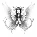 A surreal black and grey tattoo depicting a gothic vampire woman with wings emerging from a hauntingly beautiful forest tattoo design idea