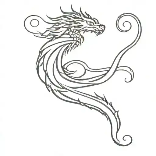 A minimalist tattoo of a tranquil water wave morphing into a fierce dragon, representing the balance between peace and strength tattoo design idea