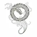 A minimalist tattoo of a tranquil water wave morphing into a fierce dragon, representing the balance between peace and strength tattoo design idea
