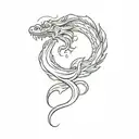 A minimalist tattoo of a tranquil water wave morphing into a fierce dragon, representing the balance between peace and strength tattoo design idea