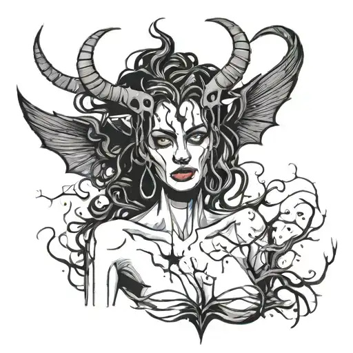 posing Sexy Nude Black silhouette Woman with Horns, torn demonic wings, extremely long nails, and dripping in blood.  tattoo design idea