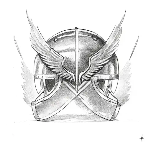 A sketch-style tattoo of a helmet with wings, representing speed and freedom tattoo design idea