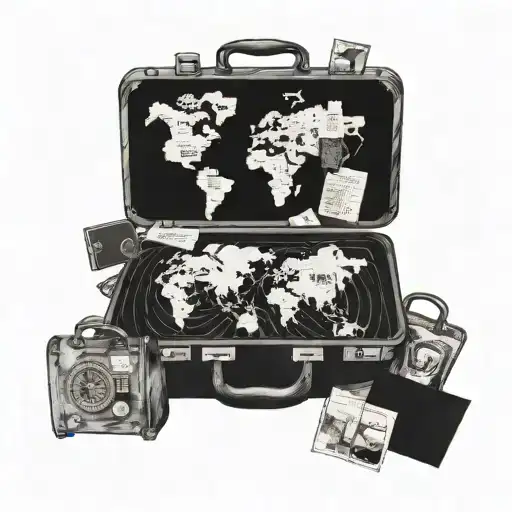 A vintage suitcase with travel stickers from different destinations, with a hidden heart symbol, in a blackwork style tattoo design idea