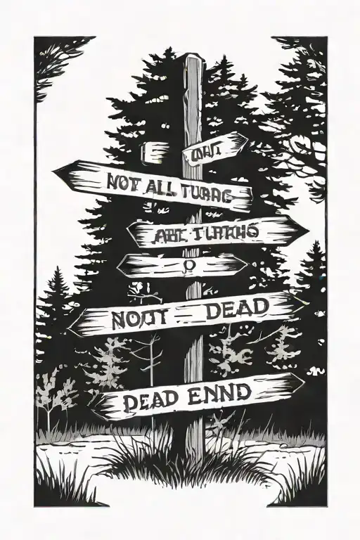 Signpost in forest clearing with the words 'Not All Wrong Turns Are Dead Ends'. The writing should on 3 direction signs. tattoo design idea