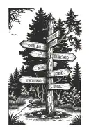 Signpost in forest clearing with the words 'Not All Wrong Turns Are Dead Ends'. The writing should on 3 direction signs. tattoo design idea