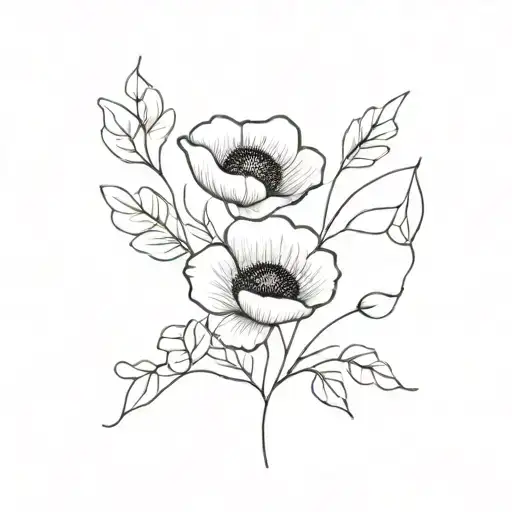 bouqet with a poppy flower, rose and ginkgo leaves tattoo design idea
