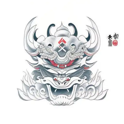 Oni Mask with Fu dog  tattoo design idea