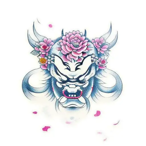 japanese flowers with a big Fu Dog and a Oni Mask for full arm with lots of colors tattoo design idea