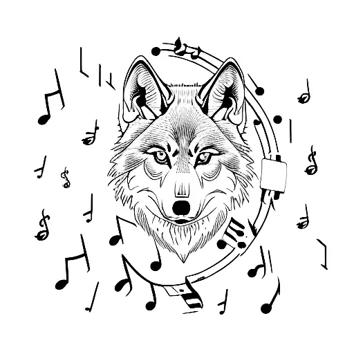 shure 55sh microphone, musical notes, under a wolf tattoo design idea