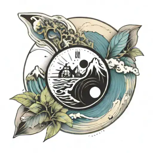 mountains, surfing waves, the world as a background, yin and yang icon, compass tattoo design idea