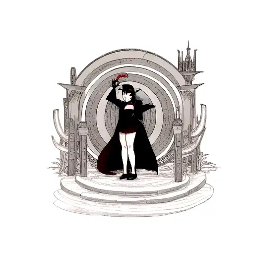 pin up, cultist in robes, standing over tentacle portal tattoo design idea