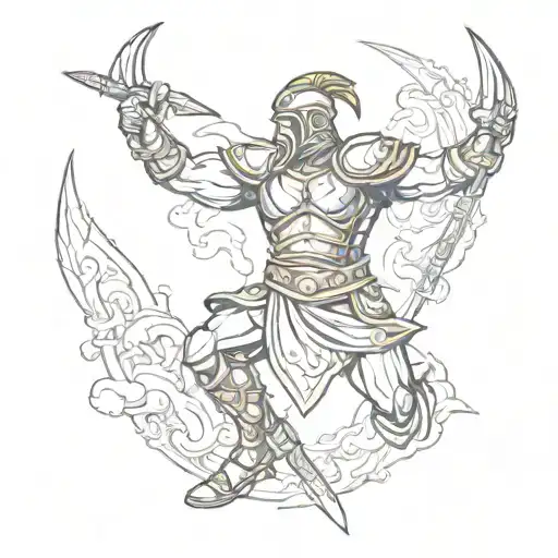 A sketch-style tattoo of a Roman gladiator in a dynamic pose, surrounded by elements of Greek mythology tattoo design idea