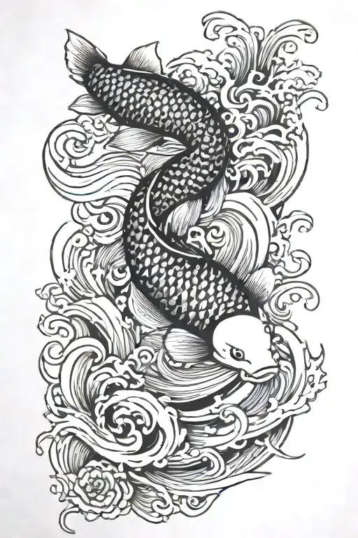 japanese waves and koi fish tattoo design idea