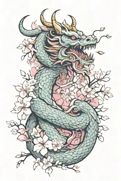 japanese dragon surrounded by cherry blossoms tattoo design idea