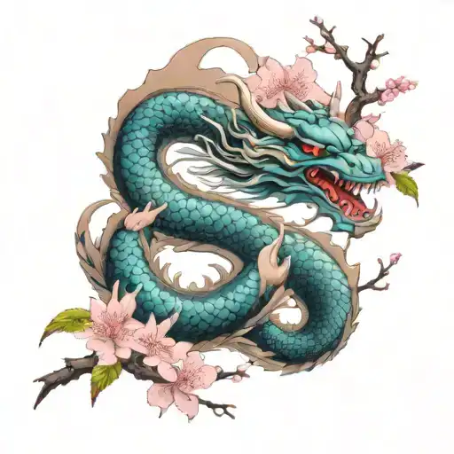 japanese dragon tattoo surronded by cherry blossoms trees tattoo design idea