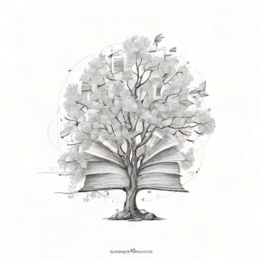 Hand-drawn tree with a complex canopy made of open books, and random inscriptions flying out from those books tattoo design idea