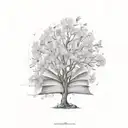 Hand-drawn tree with a complex canopy made of open books, and random inscriptions flying out from those books tattoo design idea