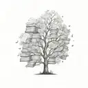 Hand-drawn tree with a complex canopy made of open books, and random inscriptions flying out from those books tattoo design idea