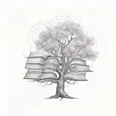 Hand-drawn tree with a complex canopy made of open books, and random inscriptions flying out from those books tattoo design idea