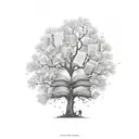 Hand-drawn tree with a complex canopy made of open books, and random inscriptions flying out from those books tattoo design idea