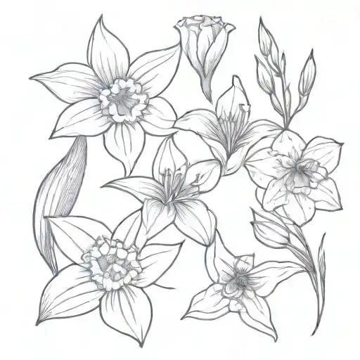 daffodil, gladiolus, lily, carnation, and peony flowers tattoo design idea