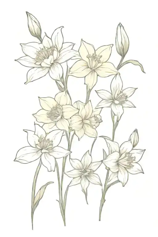 daffodil, gladiolus, lily, carnation, and peony flowers tattoo design idea