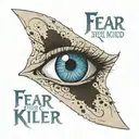 Blue Spice Eye from Dune with sand tears going into a sand dune with "fear is the mind-killer" text tattoo design idea