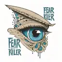 Blue Spice Eye from Dune with sand tears going into a sand dune with "fear is the mind-killer" text tattoo design idea