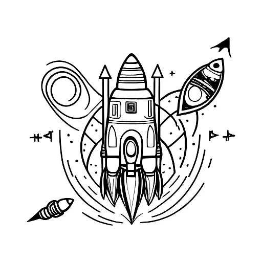 A minimalist tattoo of a rocket blasting through a tooth, representing the client's occupation as a 'pussyfication' specialist and their fascination with space travel. tattoo design idea