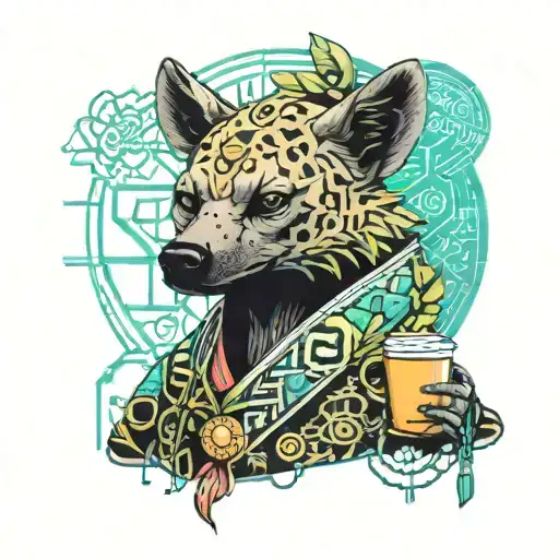 A hyena wearing a traditional Chinese robe holding a coffee plant tattoo design idea