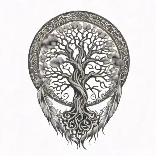 tree of life blending into hawk  feathers below tattoo design idea